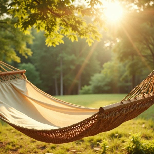 Empty hammock hanging between two trees in a sunny forest.