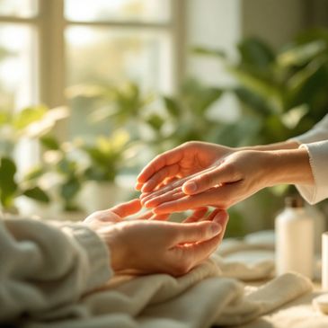 Gentle hands supporting clients hands during healing - CranioSacral Therapy. stock Cake image.