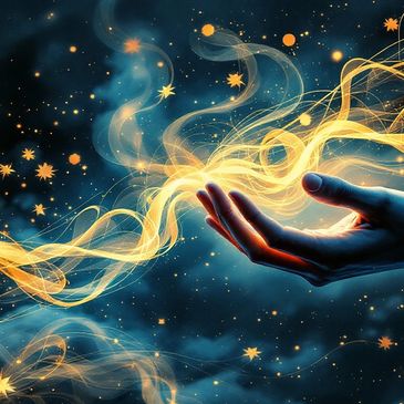 Golden light streaming from hands - Reiki, Sekhem and energy healing/ Stock Cake image.