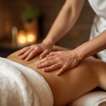 Hands giving massage on back - remedial massage. Stock Cake image.