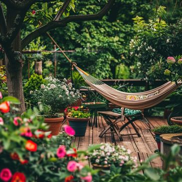 hammock in serene garden setting. Stock Cake image.