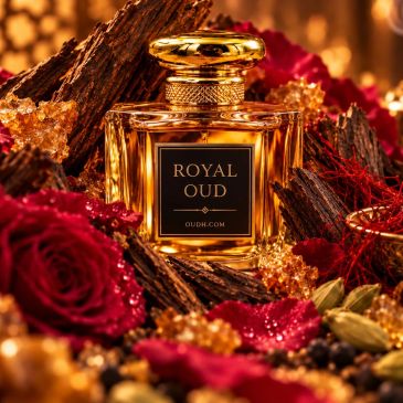 Luxury Royal Oud perfume bottle surrounded by rich ingredients.