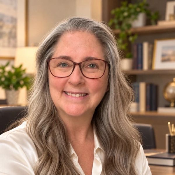 Smiling woman with long gray hair and glasses.