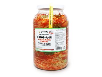 Large jar of Hang-A-Ri Whole Napa Kimchi with Korean and English labels.