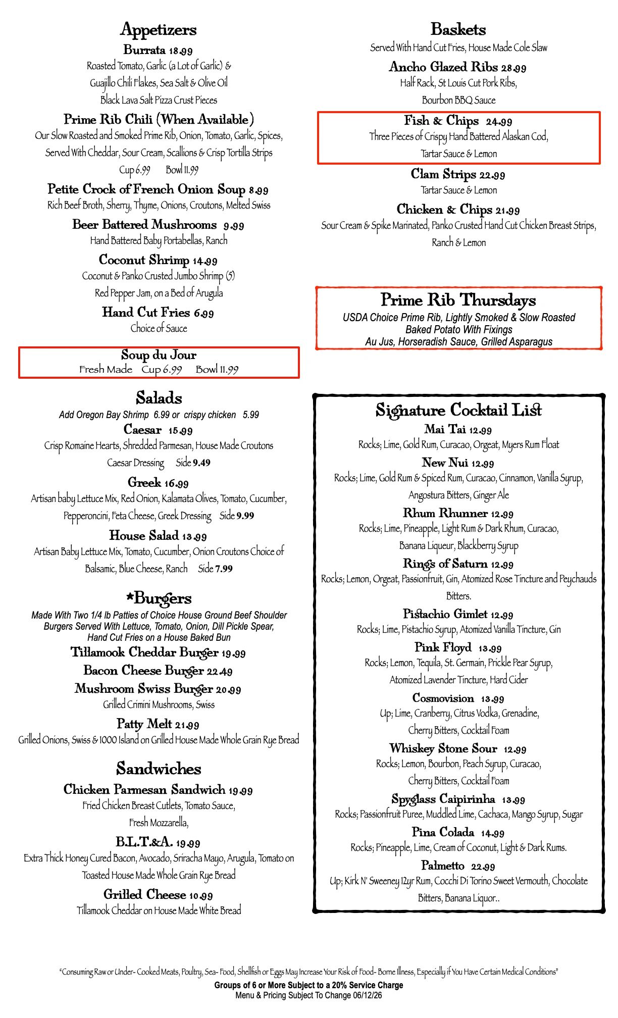 Menu with appetizers, baskets, salads, burgers, sandwiches, and cocktails with prices.