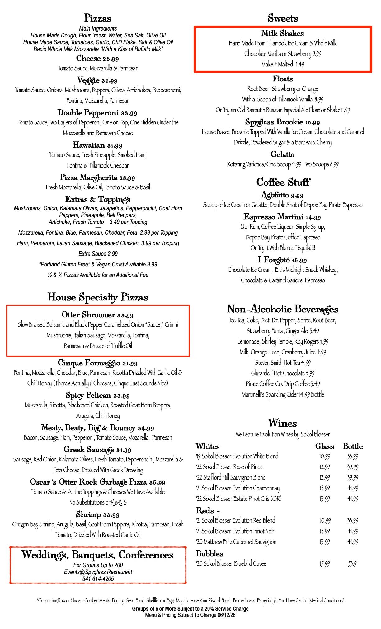 Menu highlighting specialty pizzas, milk shakes, and event hosting details.