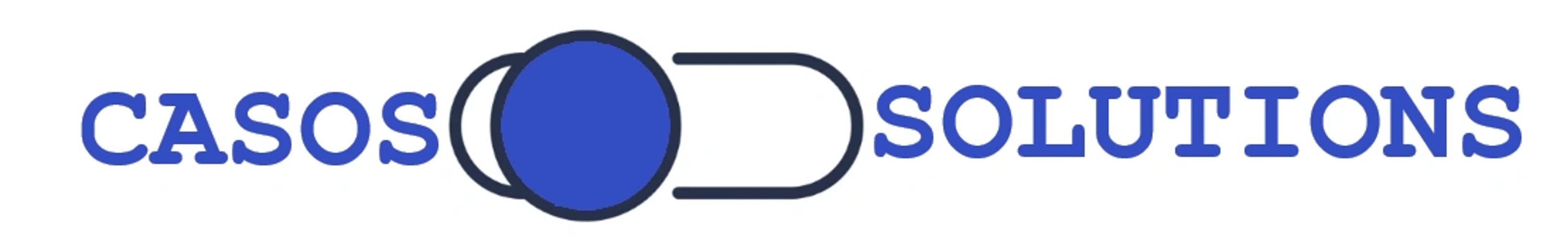 Logo featuring the words 'CASOS' and 'SOLUTIONS' with a blue toggle switch in the middle.
