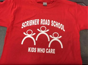 A red Scribner Road School shirt