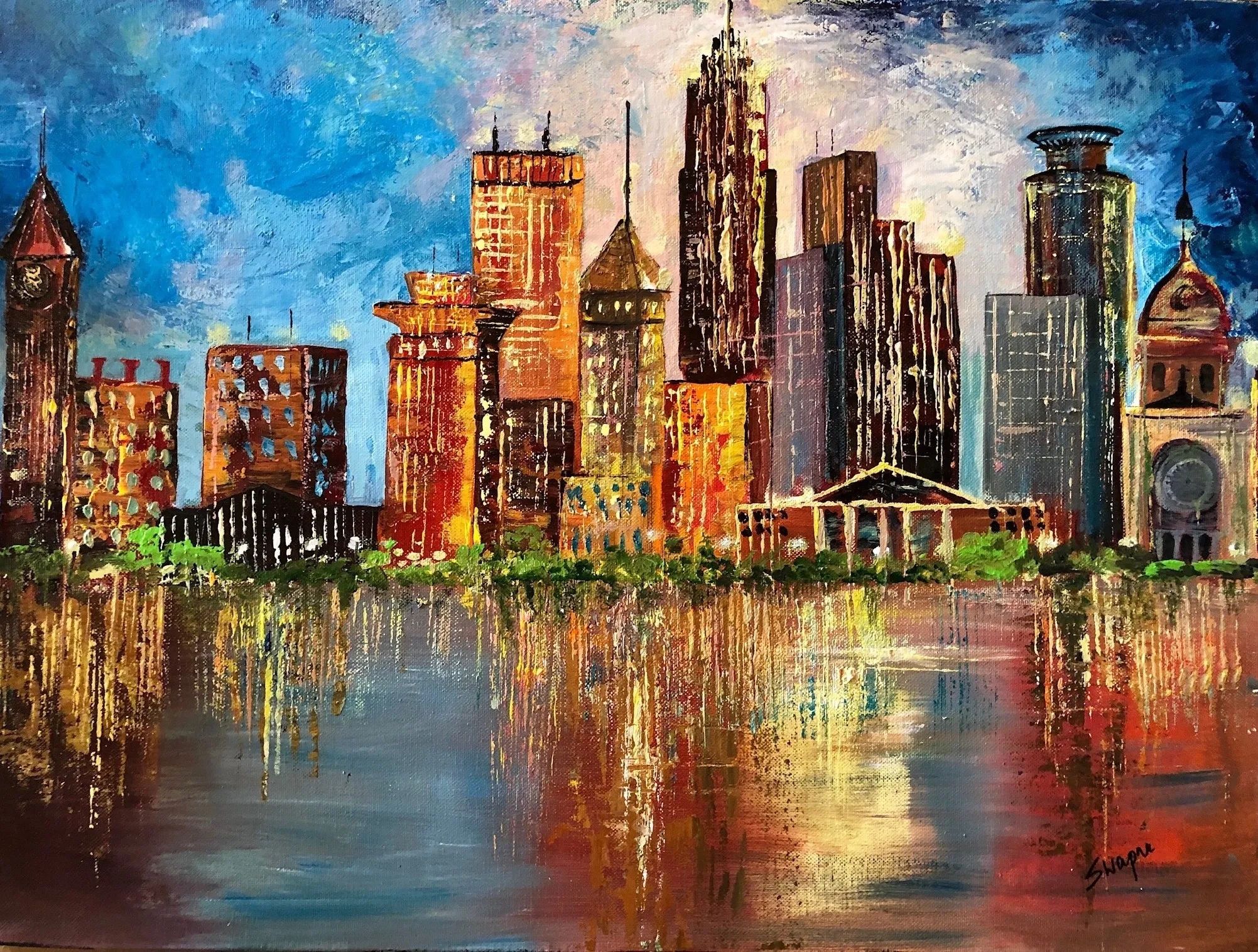 Colorful city skyline reflected in water during sunset, painted with bold brushstrokes.