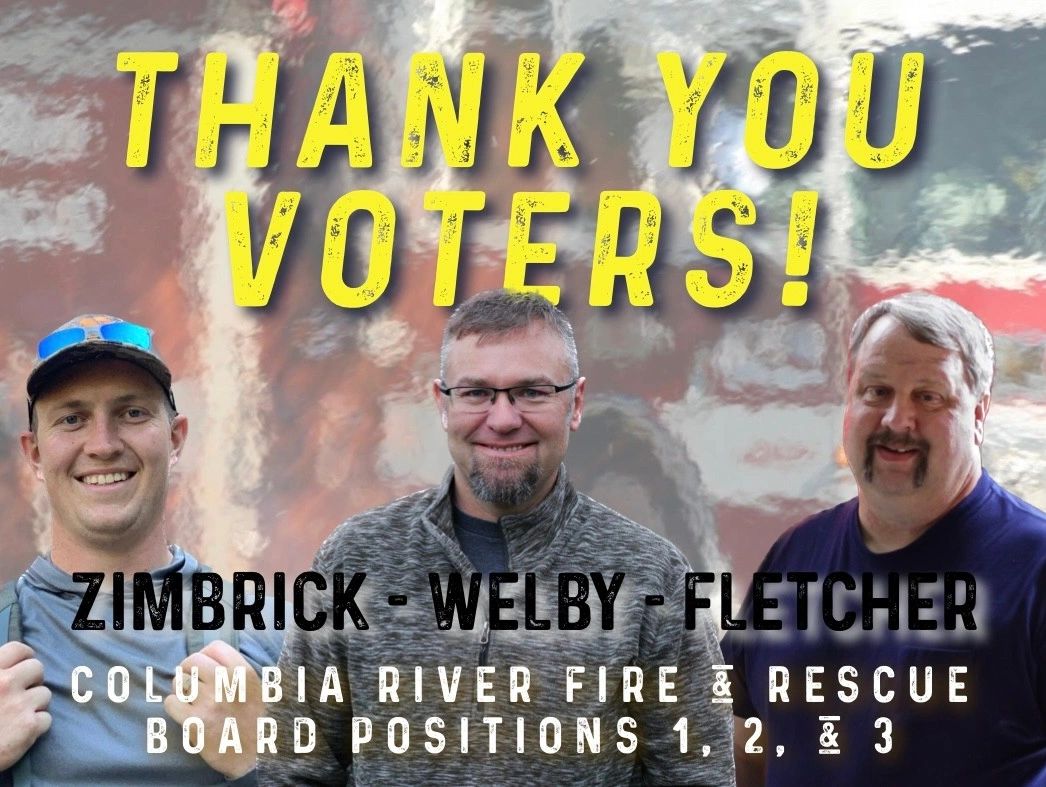 Three men thank voters for Columbia River Fire &amp; Rescue board positions.