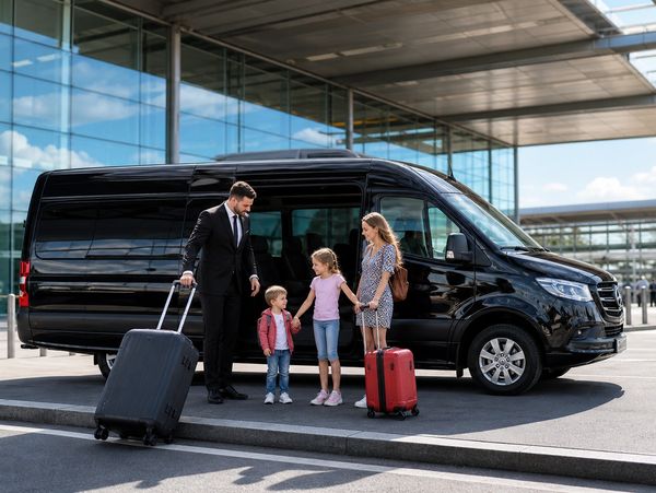 A family with luggage standing near a black van outside a modern building.