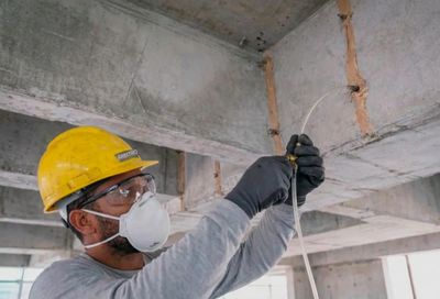 Construction worker in safety gear installing wiring in a concrete building.