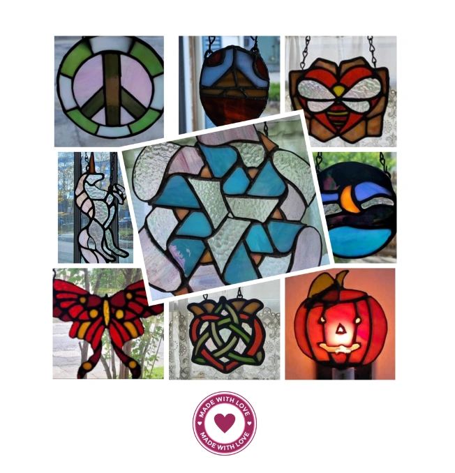 collage of 9 pictures. each picture is a stained-glass window hanging piece. colorful glass.