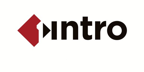 Logo design featuring the word 'intro' with a red geometric shape.
