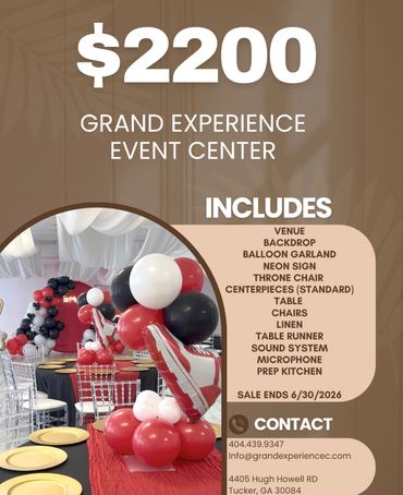 Event package for $2200 at Grand Experience Event Center with decorations and amenities.