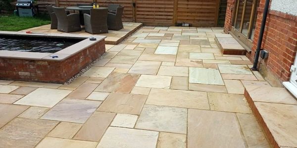 Patio slabs garden design landscaping sandstone paving pond repair garden maintenance