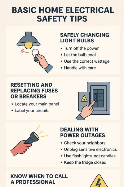 Basic home electrical safety tips for bulbs, breakers, outages, and professionals.