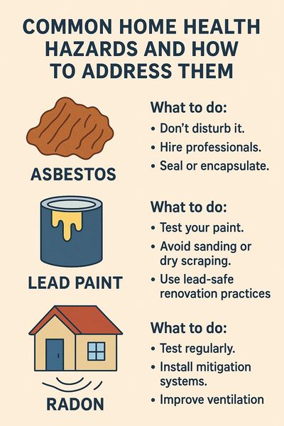 Common home health hazards and how to address them: asbestos, lead paint, radon.