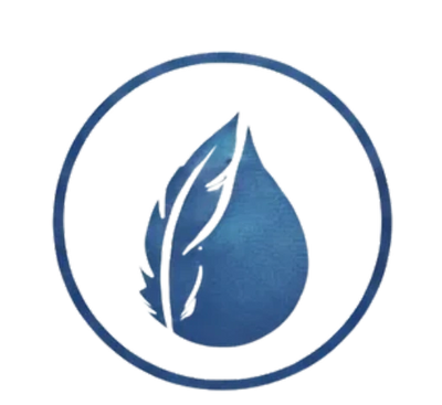Blue water droplet with a feather inside a circle.
