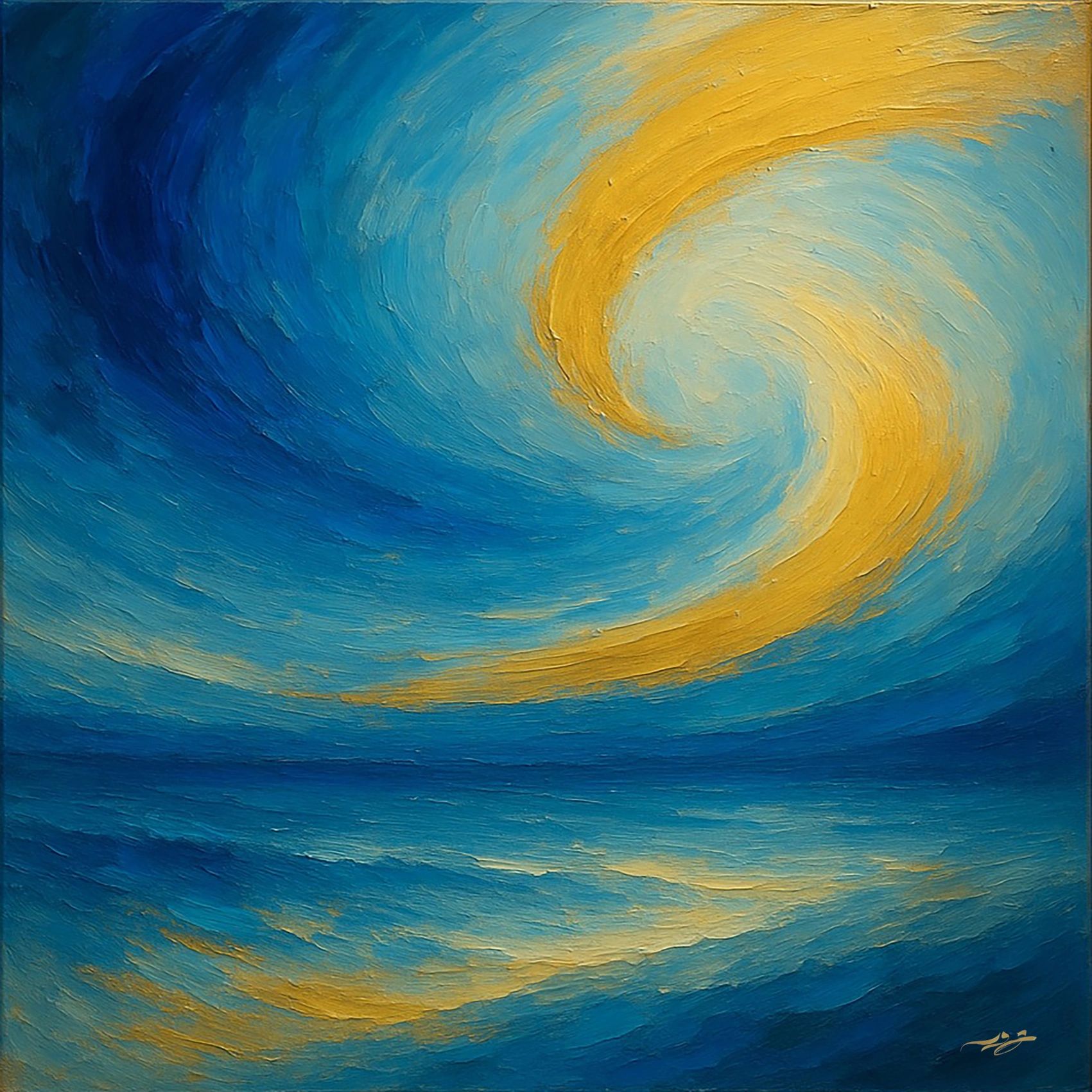 Abstract swirl of blue and yellow brushstrokes creating a dynamic vortex.