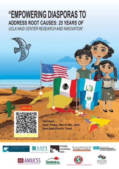 Illustration promoting UCLA NAID Center event on empowering diasporas with flags and QR code.