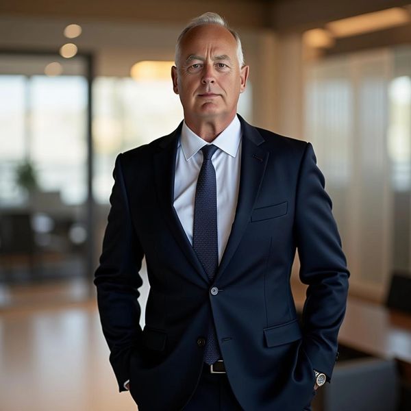 Confident older businessman in a dark suit standing in an office.