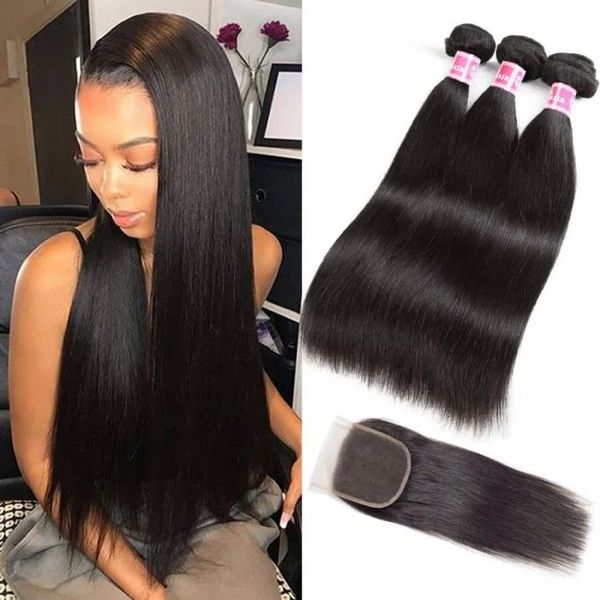 Woman with long, sleek black hair and bundles of straight black hair extensions.
