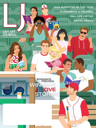 library journal cover illustration of mixed couples in stadium stands by Monika Roe