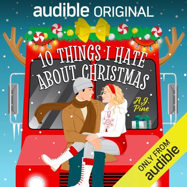 Couple sitting on food truck decorated for Christmas, audible original audio book artwork