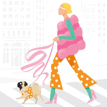 fashionable woman walking pug in the city illustration monika roe