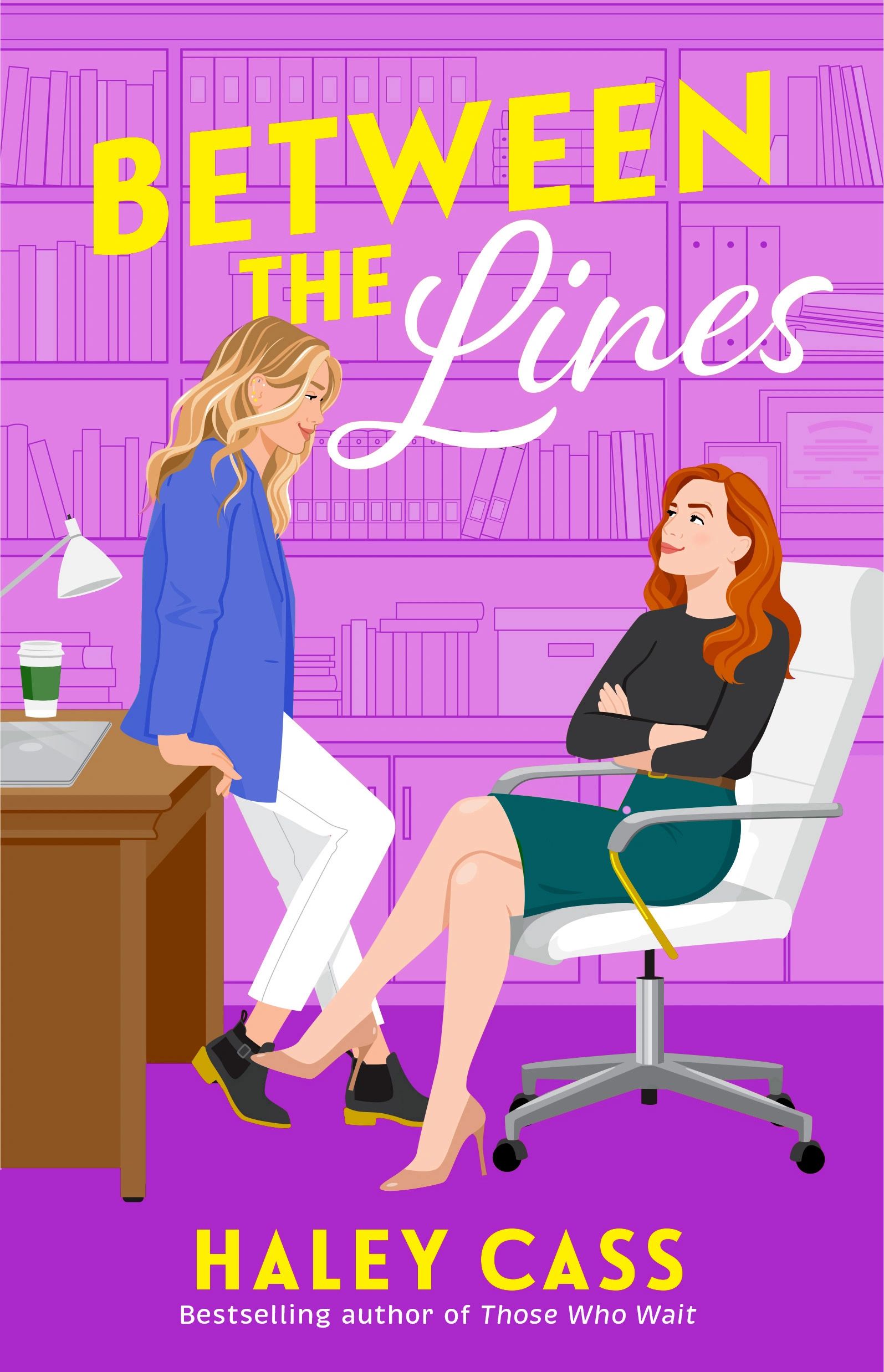 Book cover illustration by Monika Roe for Between the Lines by Haley Cass, saphhic academic romance