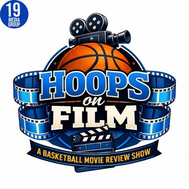A large basketball topped with a film projector, flanked by wrapping blue film strips. The bold text