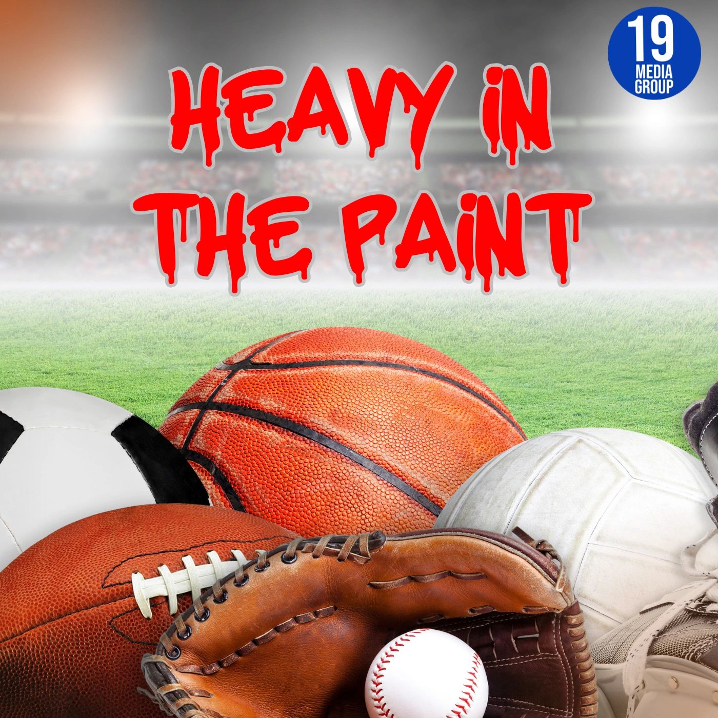 Heavy in the Paint text dripping over various sporting equipment.