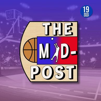 Logo for The Mid-Post basketball media show with court background.