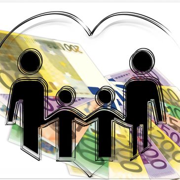 Illustration of a family holding hands with euro banknotes in the background.
