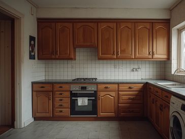 Cozy kitchen with wooden cabinets and tiled backsplash.