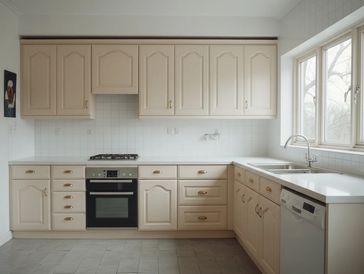 Minimalist kitchen with beige cabinets and large window.