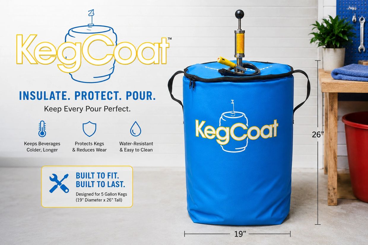 KegCoat insulated keg cover in bright blue fitted over a half-barrel beer keg.