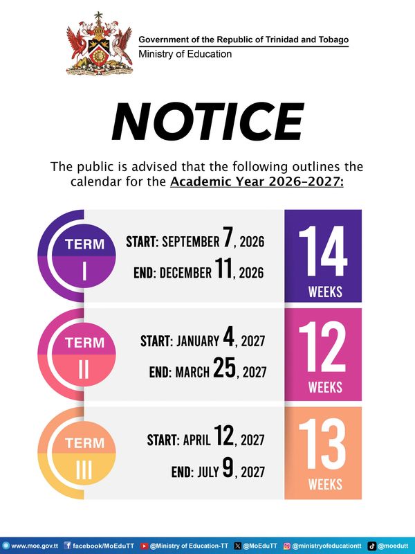 Academic calendar for Trinidad and Tobago 2026-2027 year.