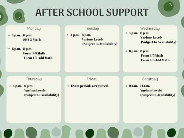 Schedule for after school math support sessions with timings and levels.
