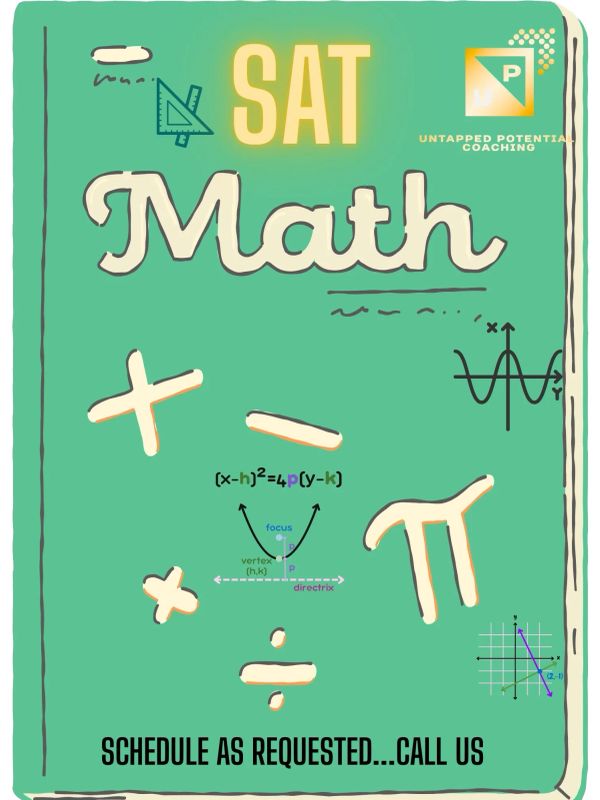 SAT Math tutoring flyer with math symbols and equations.