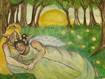 Snuggling fairies, gouache and pencil crayon, 2025