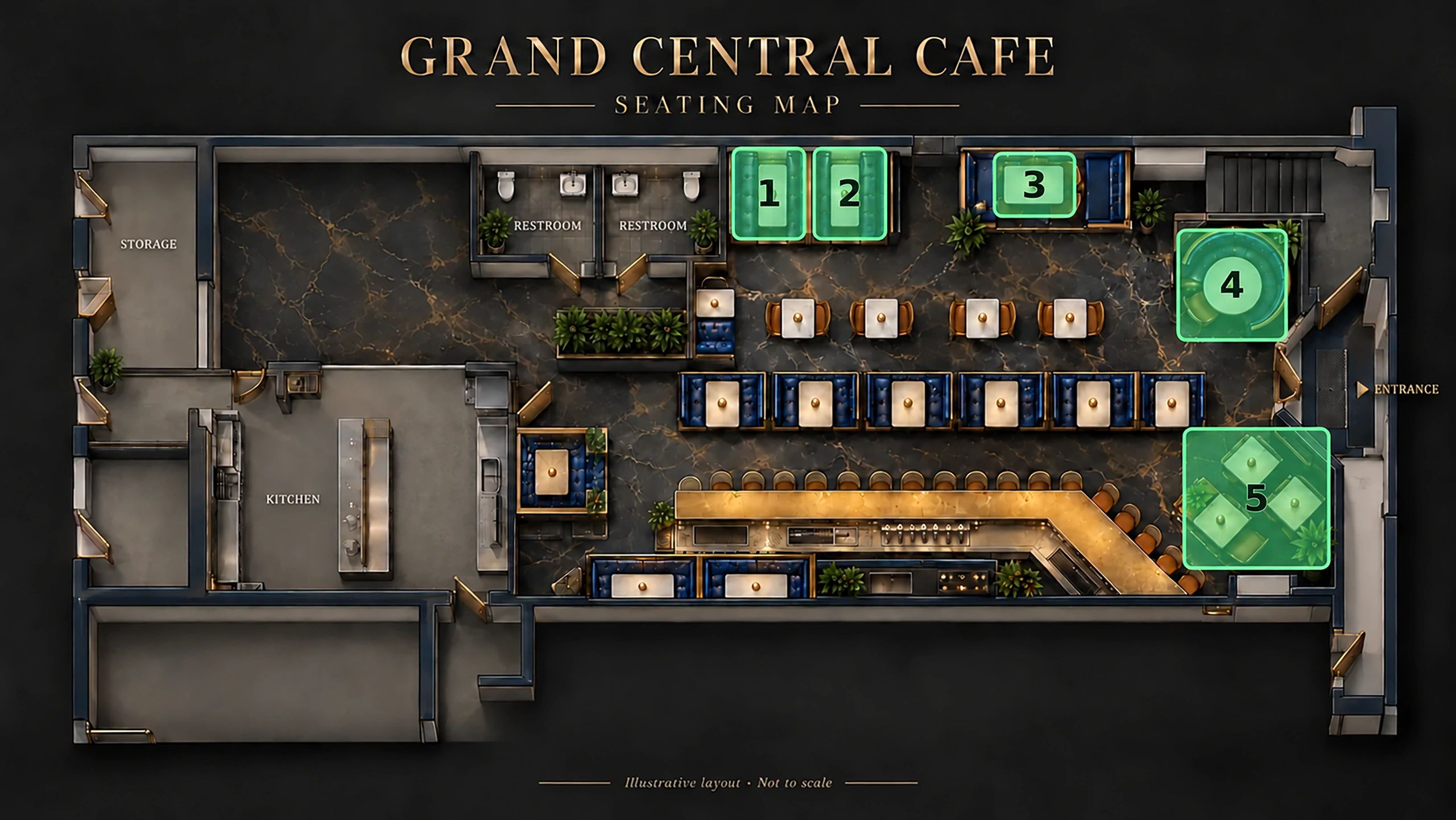Seating map of Grand Central Cafe with numbered highlighted areas.