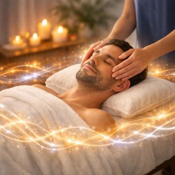 Man enjoying a relaxing head massage in a spa.