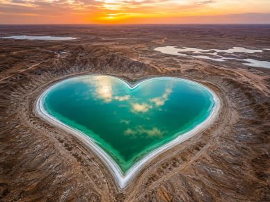 Heart-shaped lake at sunset in a desert landscape.