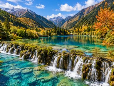 Beautiful lake and waterfall surrounded by autumn mountains.