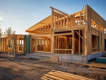 Wooden frame of a house under construction at sunset.