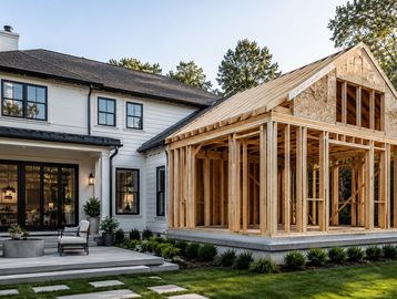 A wooden frame of a house under construction next to a finished home.
