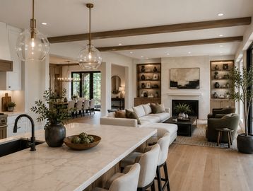 Modern open-concept living room and kitchen with neutral tones and natural light.
