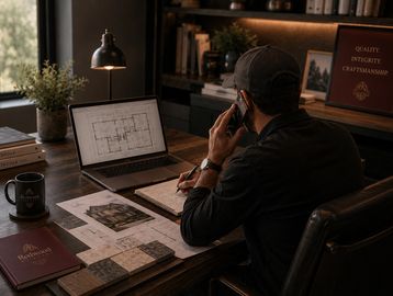 An architect reviews building plans while talking on the phone in a cozy office.